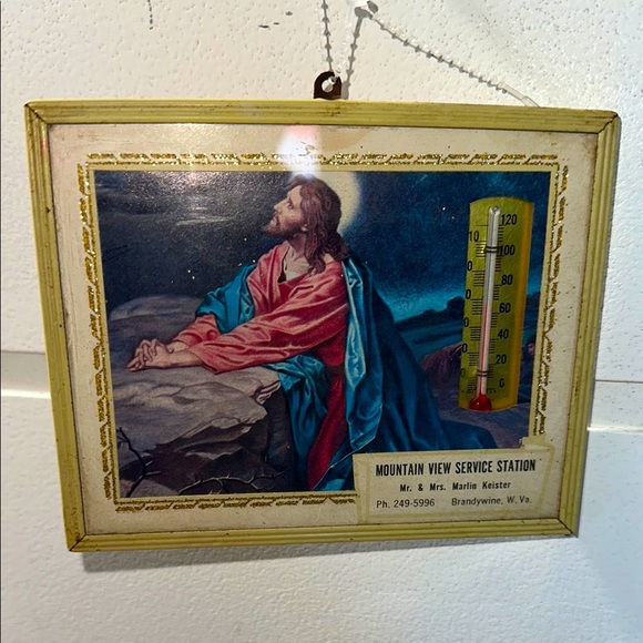 Other - Vintage framed advertisement Religious art with thermometer